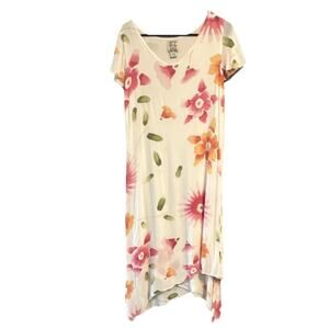 Nomadic Traders White Floral Asymmetric Dress M Short Sleeve Rayon